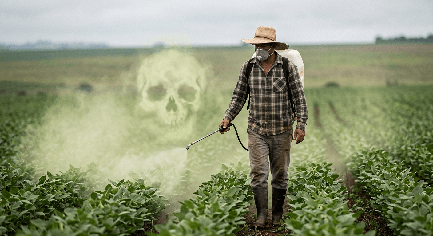 Um agricultor pulverizando lavoura
